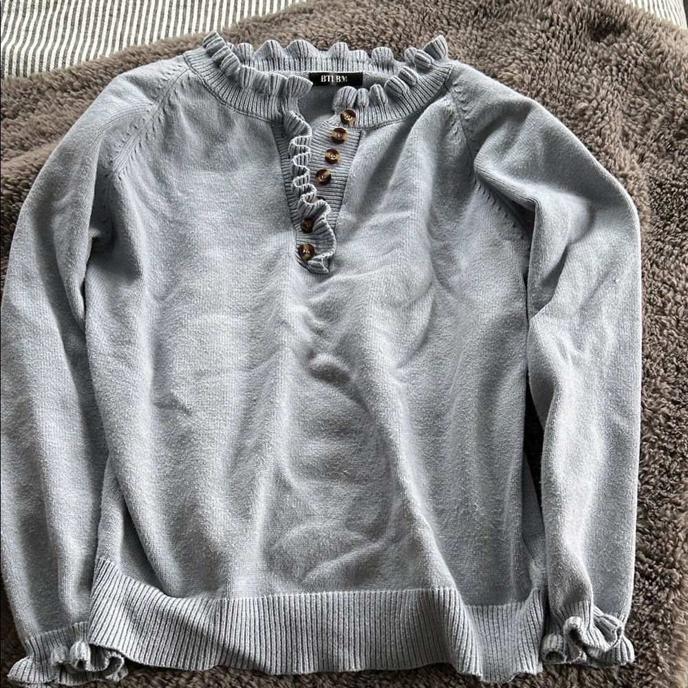Blue Gray Ruffled Button Sweater - image 1